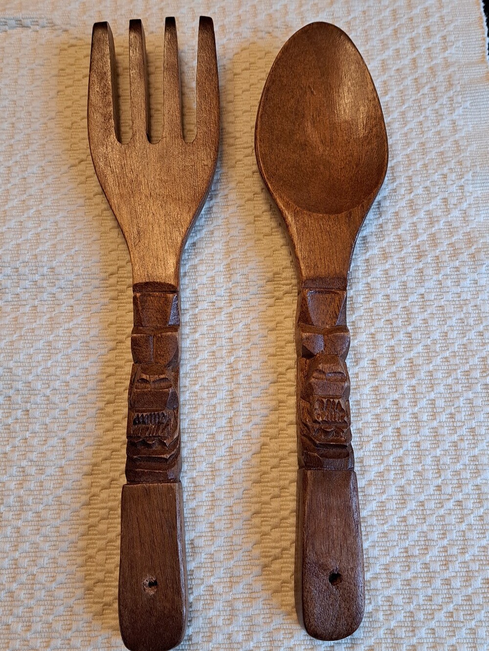 Vintage Tiki Hand-Carved Wooden Salad Serving Fork and Spoon - Brown